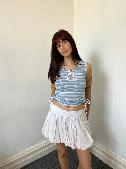 Blue Striped Ruched Top w Tie Detail - Size Small