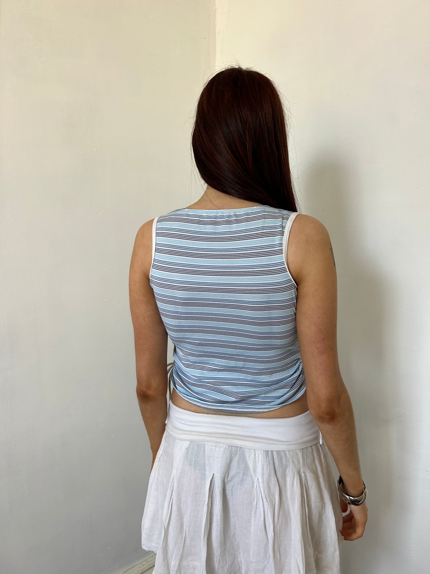 Blue Striped Ruched Top w Tie Detail - Size Small