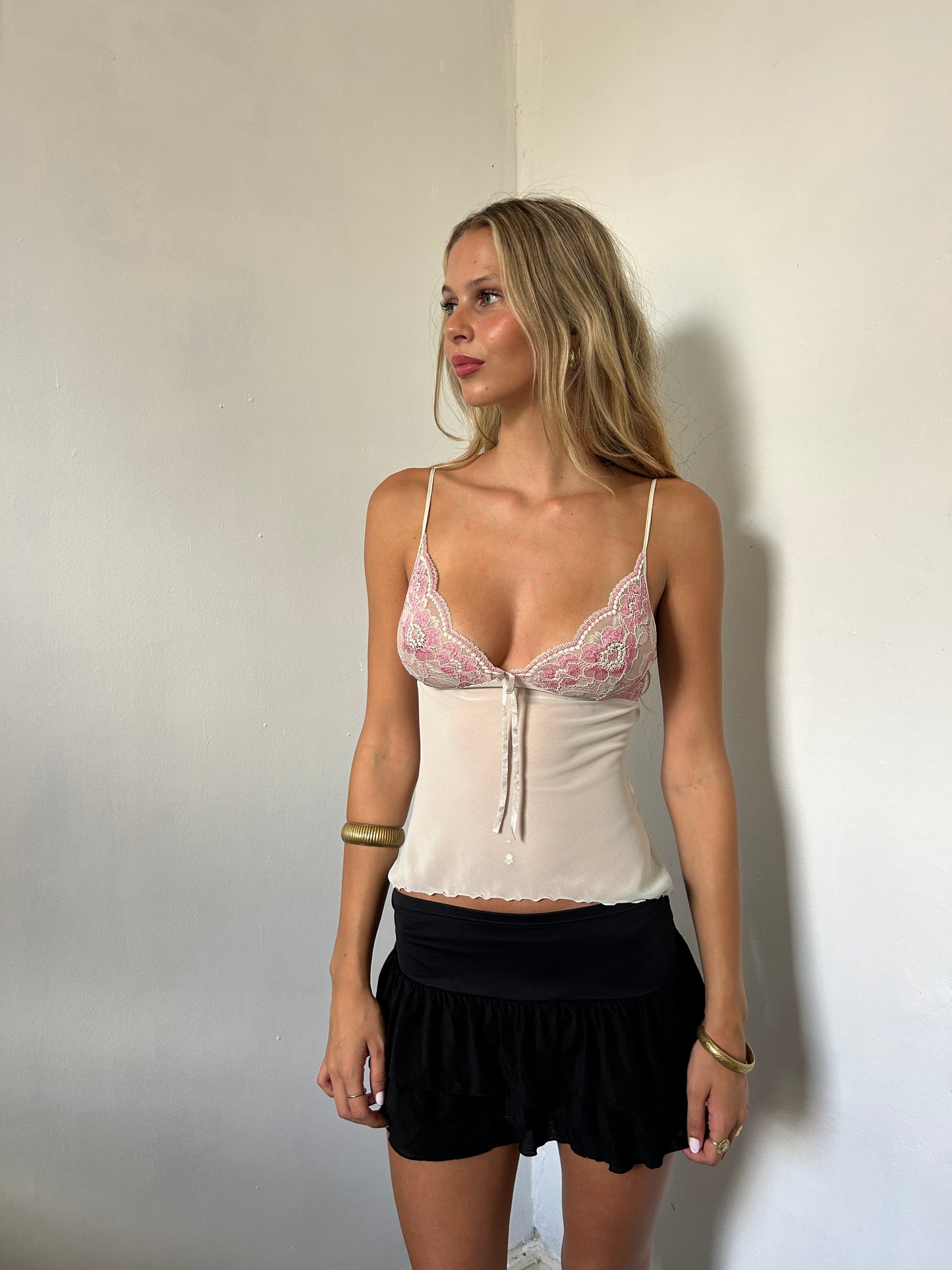 Cream Pink Floral Lace Cami Top - Size Small