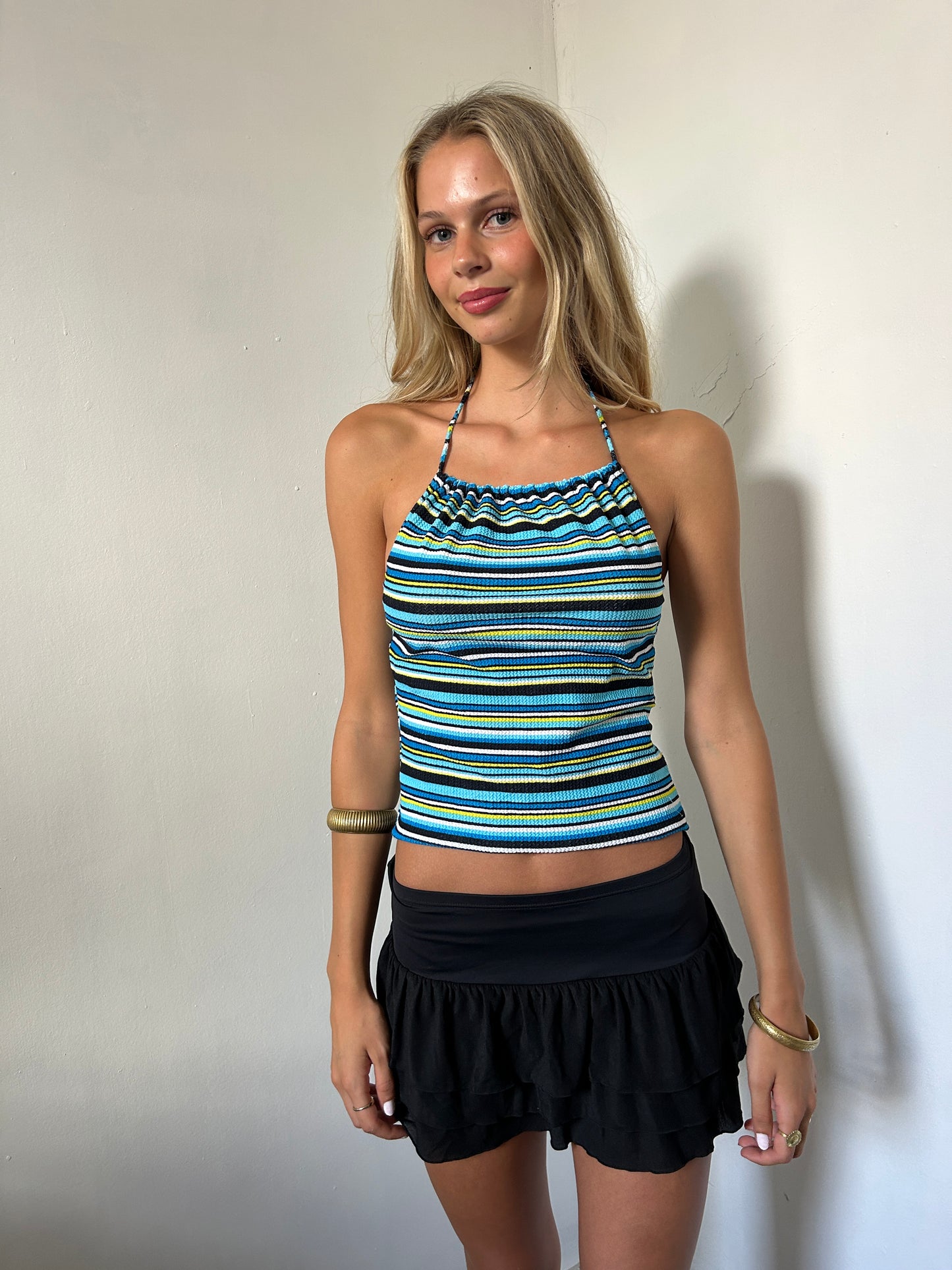 Blue Yellow White Striped Halter Neck Swim Top - Size Small