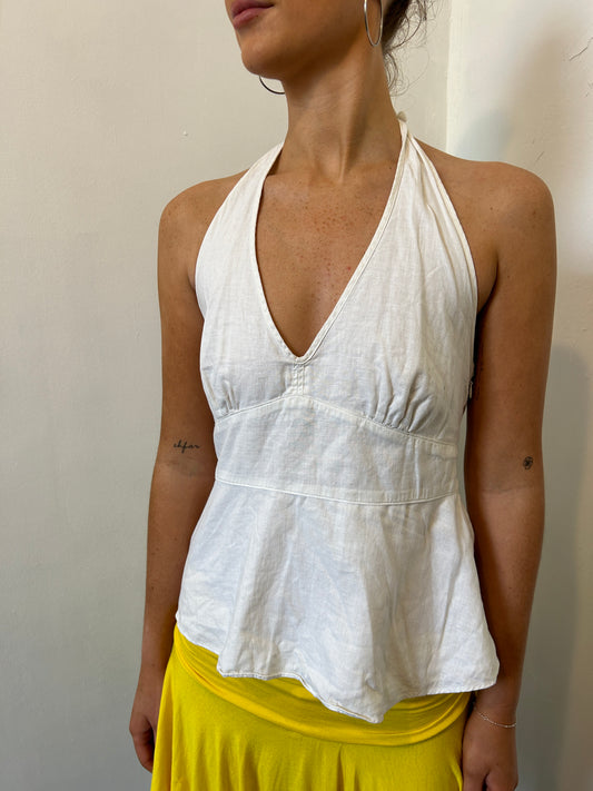 White Halter Neck Linen Top - Size Small