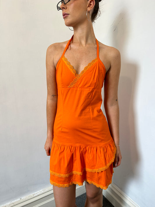 Orange Halter Neck Mini Dress - Size Small