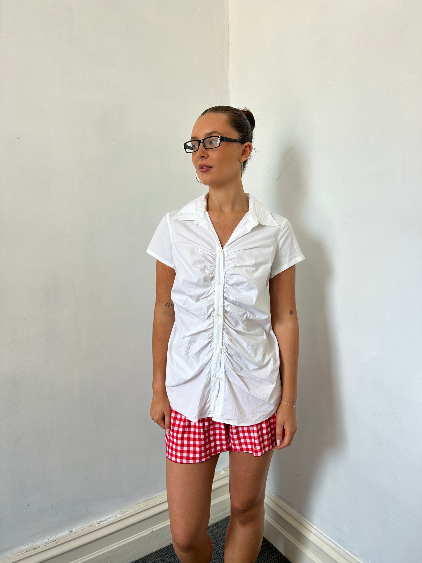 White Button Up Ruched Shirt - Size Large