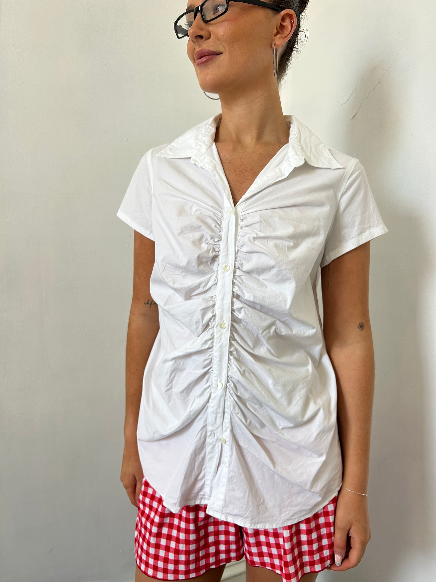 White Button Up Ruched Shirt - Size Large