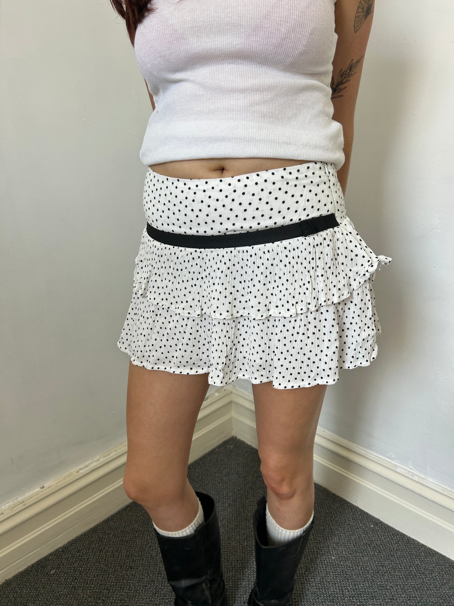 White Black Dots Mini Skirt - Size Medium