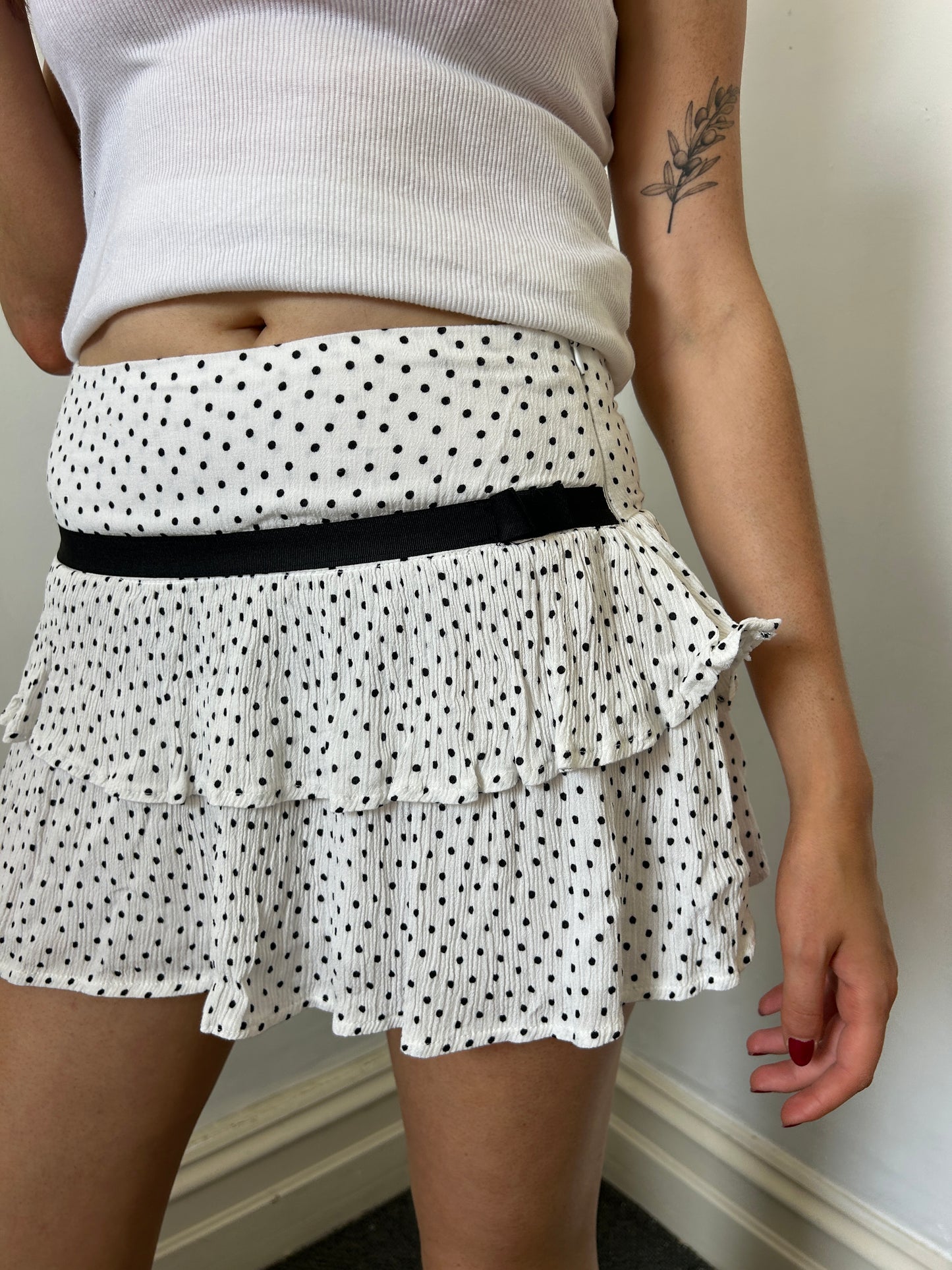 White Black Dots Mini Skirt - Size Medium